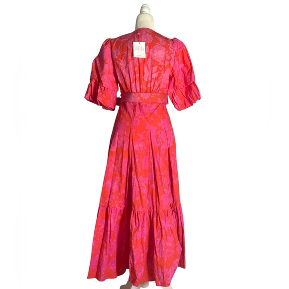 Savida Midi Dress NWT Red Pink Floral Puff Sleeve Belted Midi Tiered Ruffle - Picture 8 of 13